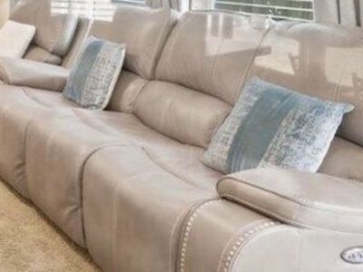 Luxurious Taupe Power Reclining Sofa with Nailhead Trim - Excellent Condition