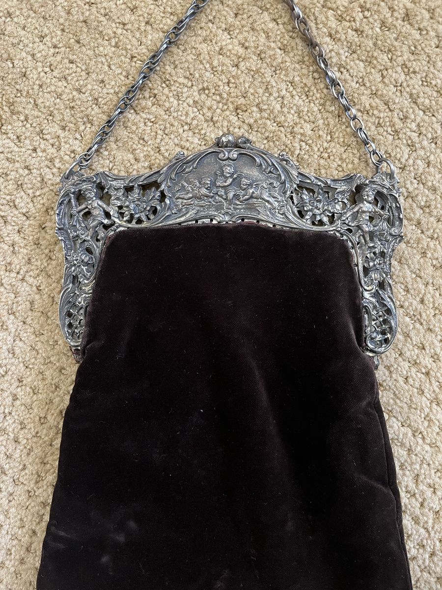 Large Ornate Antique Victorian Dark Brown Velvet Purse/Handbag with Cherubs