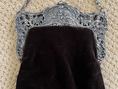 Large Ornate Antique Victorian Dark Brown Velvet Purse/Handbag with Cherubs