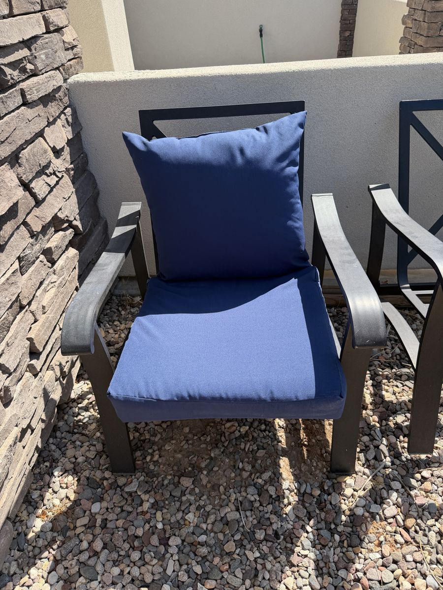 Black Metal Outdoor Patio Armchair with Blue Cushion 