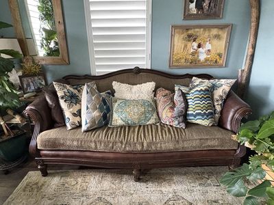 Beautiful Traditional Wood Trim Leather and Fabric Sofa Couch, 93” L x 40” D, in Great Condition!
