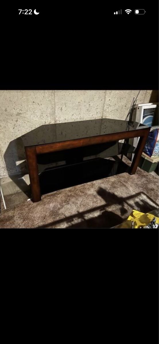 Glass Top TV Stand/Console Table with Wood Frame - Dark Brown, Modern Design