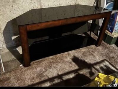 Glass Top TV Stand/Console Table with Wood Frame - Dark Brown, Modern Design