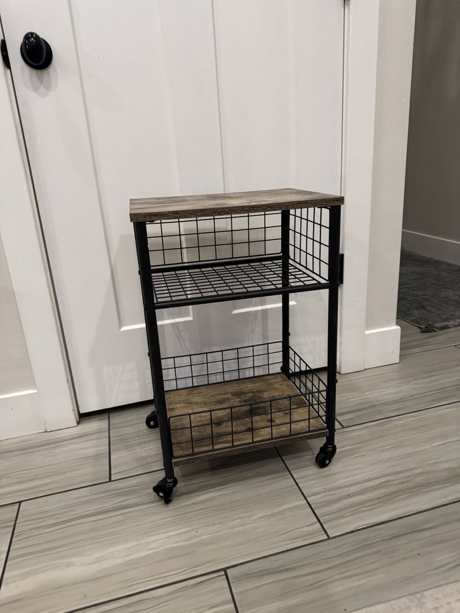 Industrial Style 3-Tier Rolling Storage Cart with Wood Shelves & Metal Baskets