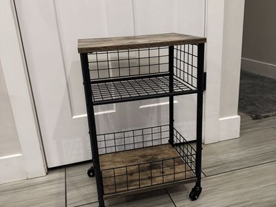 Industrial Style 3-Tier Rolling Storage Cart with Wood Shelves & Metal Baskets