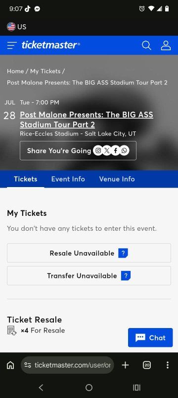 4 Post Malone Concert Tickets - July 28, Rice-Eccles Stadium N25, Row 40