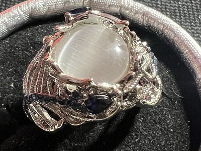 Unique Silver-Toned Ring with Iridescent White Stone and Blue Accents, Size 10.5