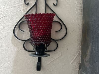 Vintage Style Wall Candle Sconces – Ruby Red Glass & Wrought Iron Look