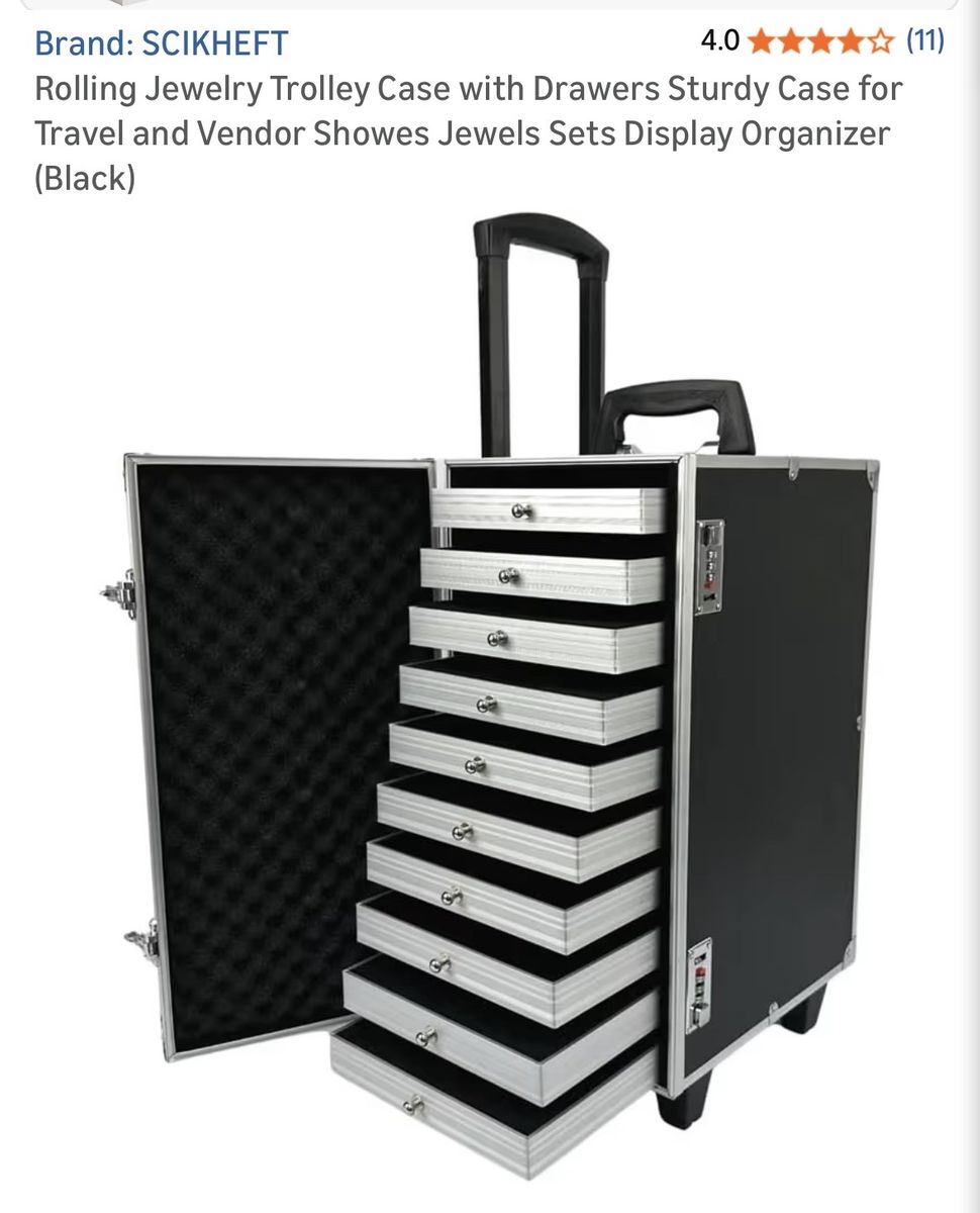 SCIKHEFT Rolling Jewelry Trolley Case with 10 Drawers - Sturdy Black Vendor Display Organizer