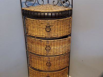 Wrought Iron & Wicker Corner Storage Cabinet - 4 -Tier Basket Drawer Organizer
