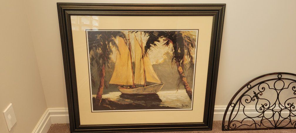 Framed Tropical Sailboat Palm Tree Wall Art Print Decor