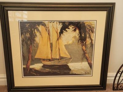 Framed Tropical Sailboat Palm Tree Wall Art Print Decor
