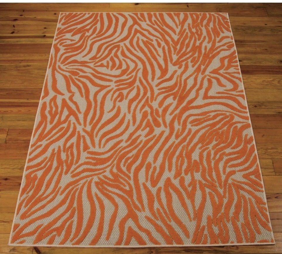 New. 9x13 Orange and Cream Animal Print Area Rug with Textured Pile Indoor/Outdoor