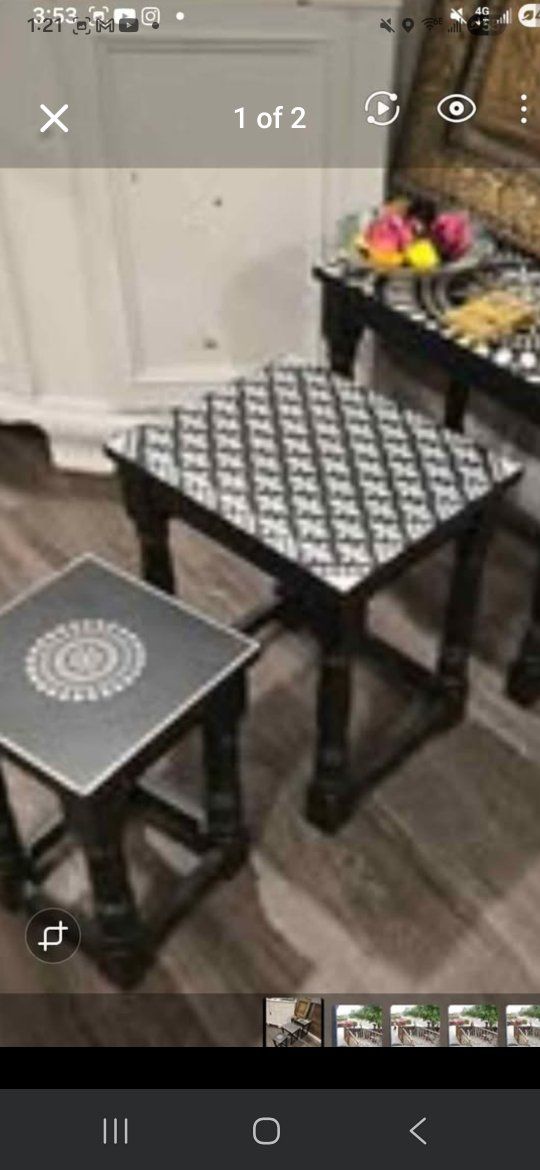 Tree Boho Chic Black & White Stenciled Solid Wooden Tables