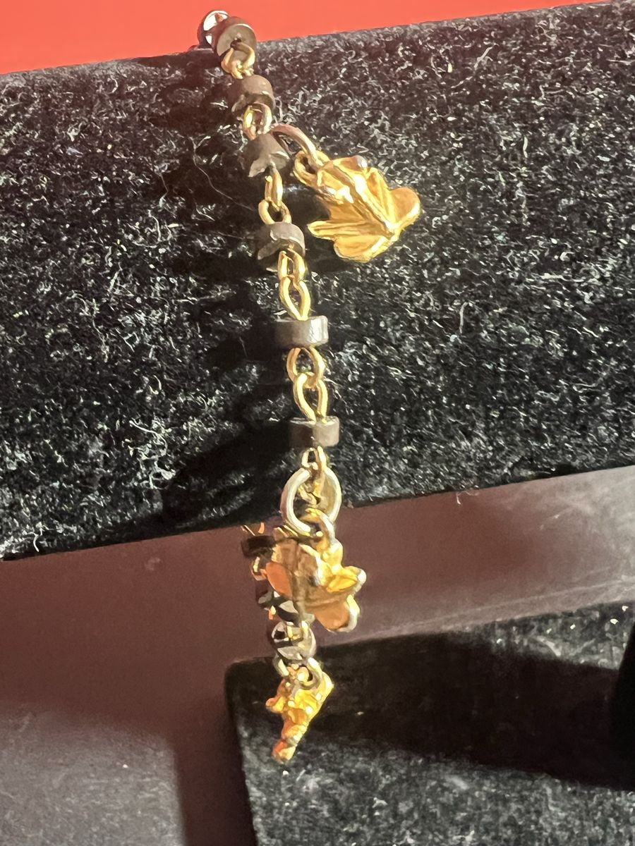 Gold Tone Leaf Charm Bracelet with Black Accents - Fashion Jewelry