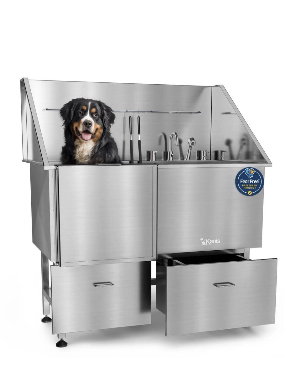 KANIS Professional 50" Stainless Steel Dog Bathing Station w/ Ramp, 2 Drawers, Adjustable Floor