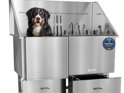 KANIS Professional 50" Stainless Steel Dog Bathing Station w/ Ramp, 2 Drawers, Adjustable Floor