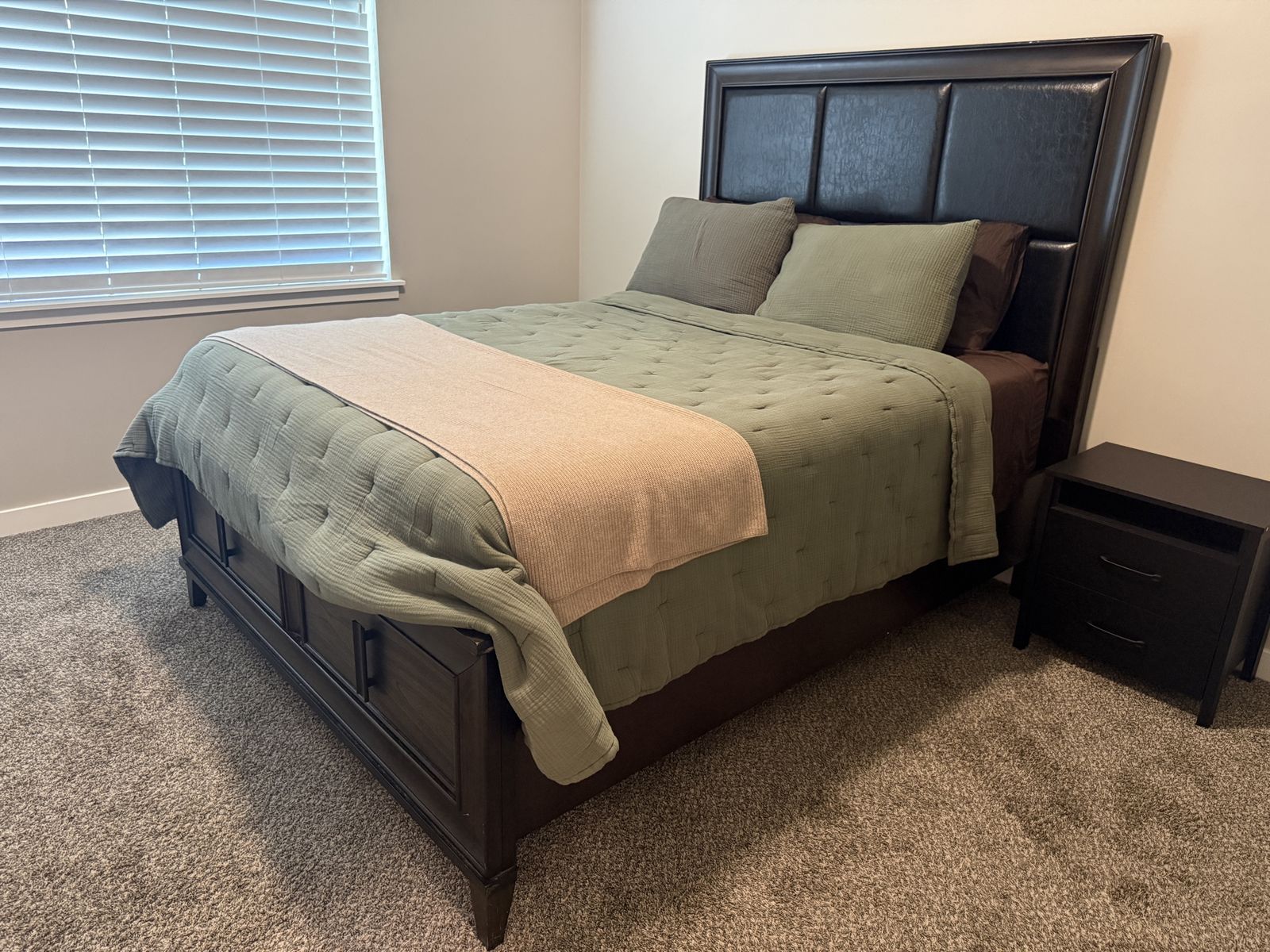 Dark Wood Bed Frame with Faux Leather Headboard and Matching Nightstand