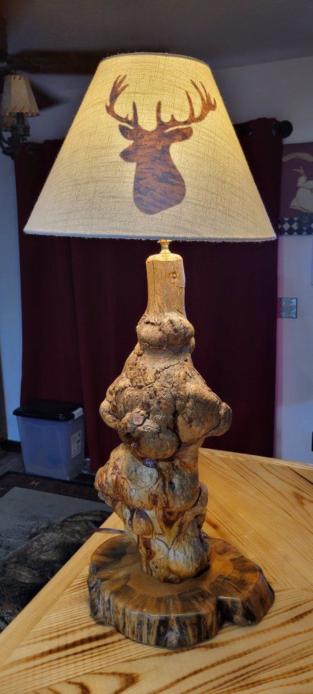 Rustic Hand-Carved Burl Wood Table Lamp with Deer Antler Shade Design