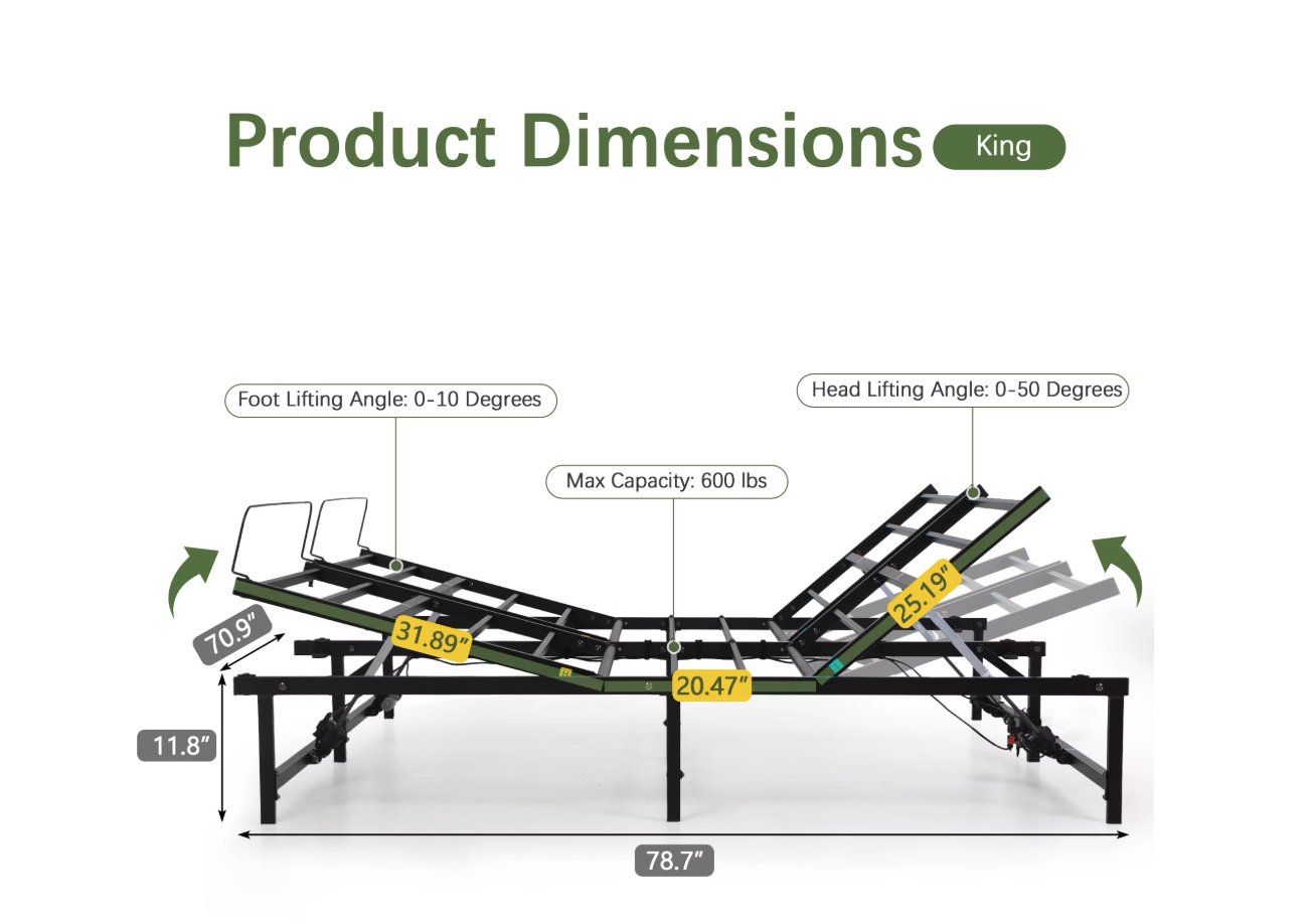 New King Electric Adjustable Bed Frame, Head and Foot Incline Bed Base with Low-Noise Motor