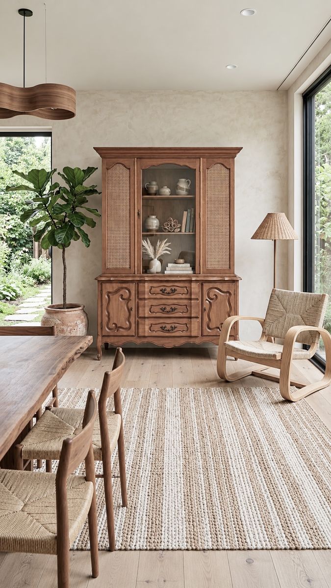 Vintage French Provincial 3-Drawer 2-Cabinet Wood Hutch w/Woven Cane Panels & Glass Display