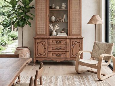 Vintage French Provincial 3-Drawer 2-Cabinet Wood Hutch w/Woven Cane Panels & Glass Display