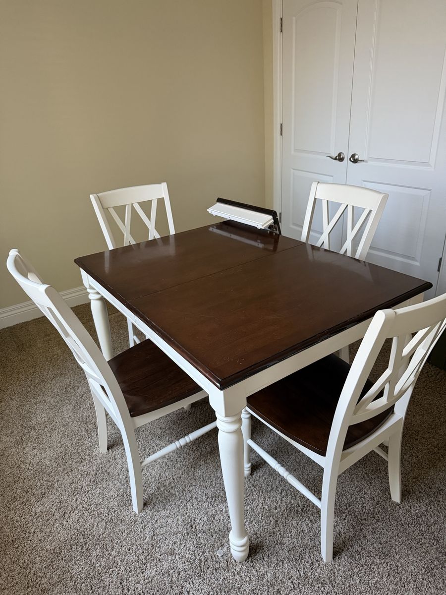 Stylish 5-Piece Dining Set: Espresso with optiobsl Leaf Table & 4 White Cross-Back Chairs