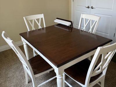 Stylish 5-Piece Dining Set: Espresso with optiobsl Leaf Table & 4 White Cross-Back Chairs
