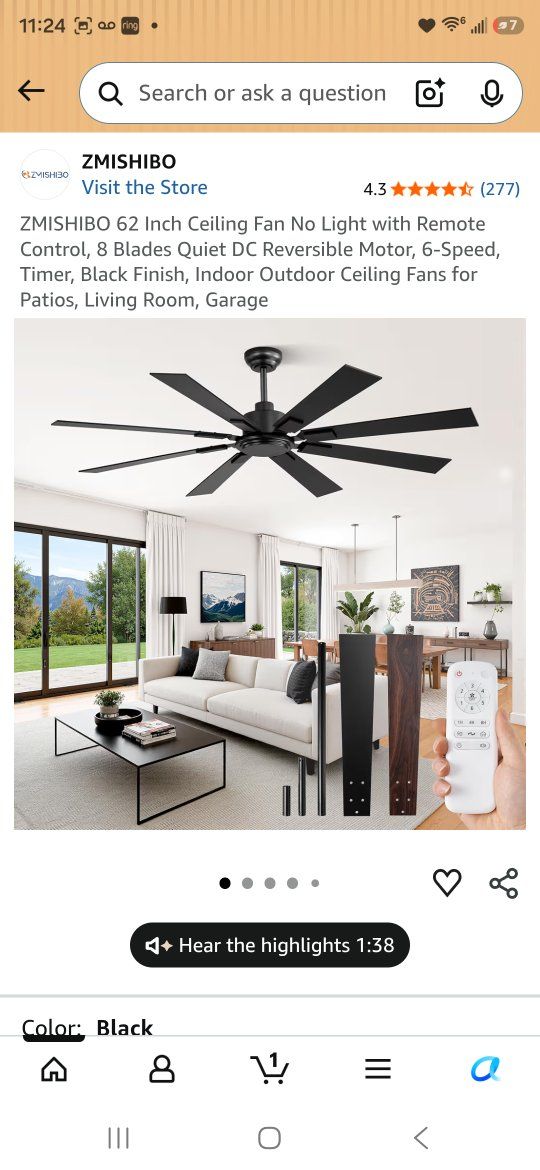 ZMISHIBO 62" Black 8-Blade Indoor/Outdoor Ceiling Fan w/ Remote, DC Reversible Motor, No Light