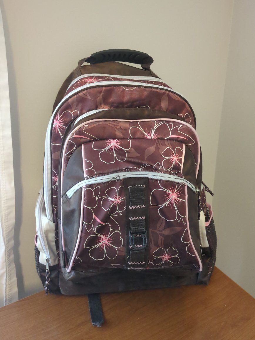 Floral Hibiscus Print Backpack Brown and Pink Multi-Compartment School Bag