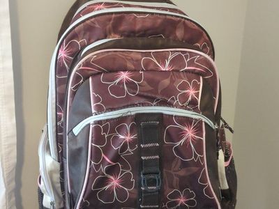 Floral Hibiscus Print Backpack Brown and Pink Multi-Compartment School Bag