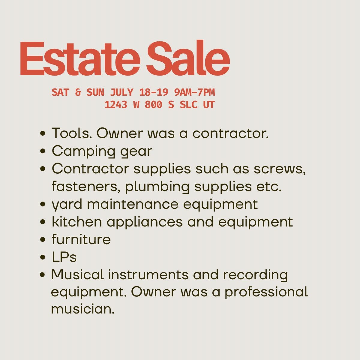 Large Estate Sale Sat and Sun July 18-19