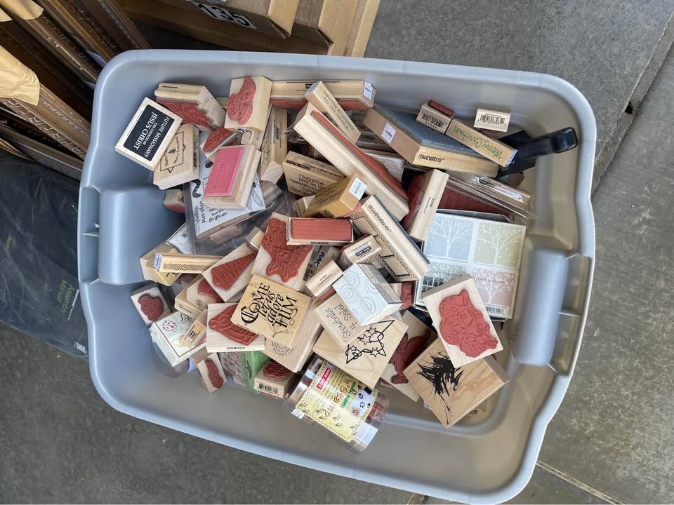 Huge tub of art craft supplies stamps most are new