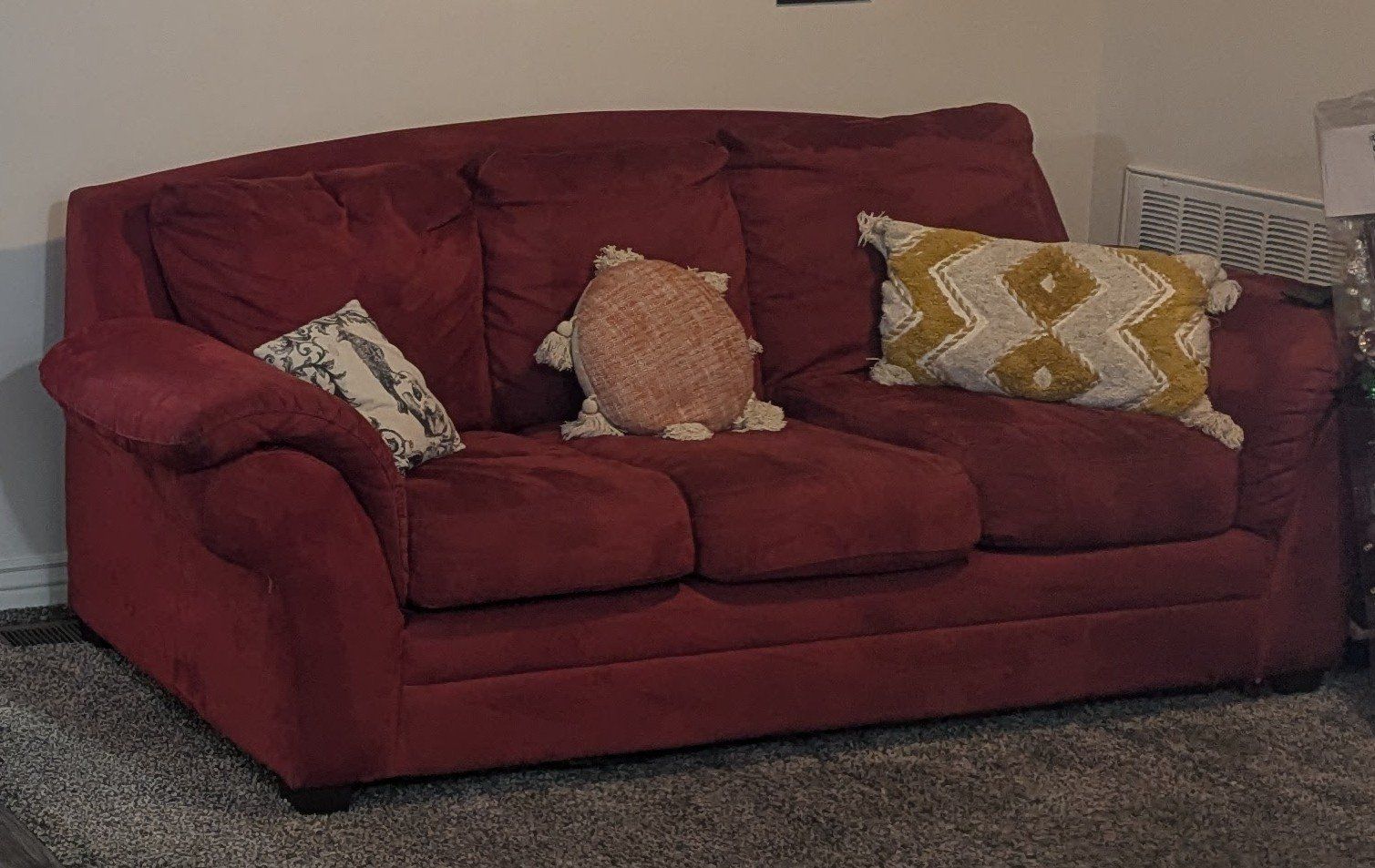 FREE - Red Loveseat Suede Microfiber Couch & Quilted Armchair