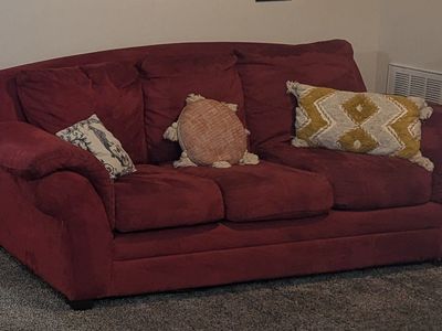 FREE - Red Loveseat Suede Microfiber Couch & Quilted Armchair