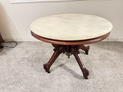Vintage Marble‑Top Table–Ornate 4‑Leg Carved Base
