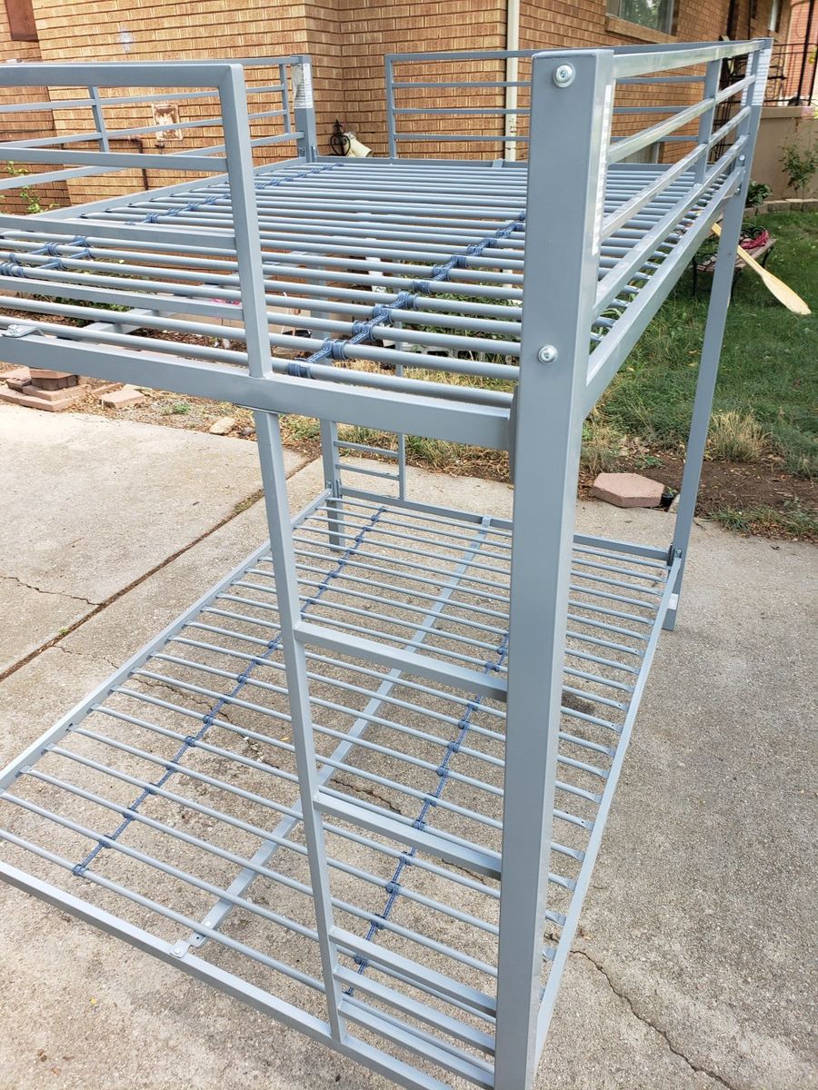 Sturdy Gray Metal Full Size Over Full Size  Bunk Bed Frame 78" L x 56" W x 72" H with Integrated Ladders