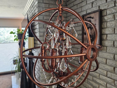 NEW 4 LIGHT CRYSTAL COPPER ORB CHANDELIER (ALSO AVAIL. IN BLACK AND GOLD)