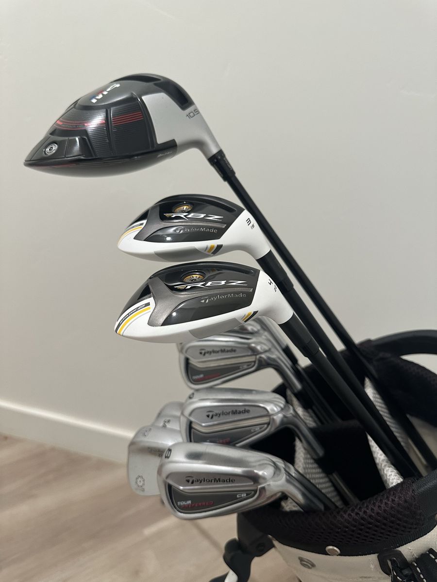TaylorMade M4 Driver, RBZ Fairway Woods, and Tour Preferred CB Irons Set, TITLEIST 52,54,58 degree wedges with Stand Bag