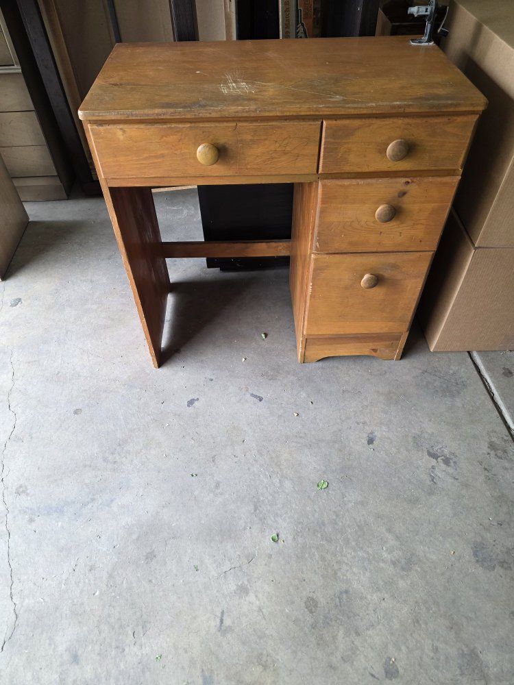 Vintage Wooden Desk with 5 Drawers - Solid Wood Writing Table