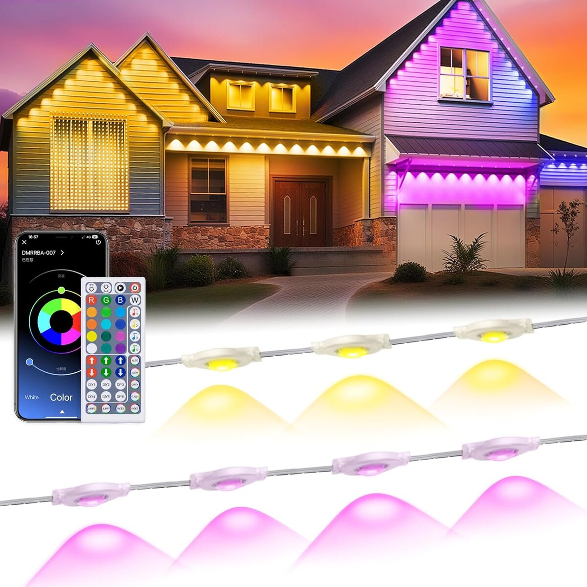 NEW 100Ft Permanent Outdoor Lights for House, with Remote APP Control,IP67 Waterproof for Outside Decorations