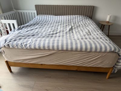 King Upholstered Platform Bed – Solid Wood – used less than a year