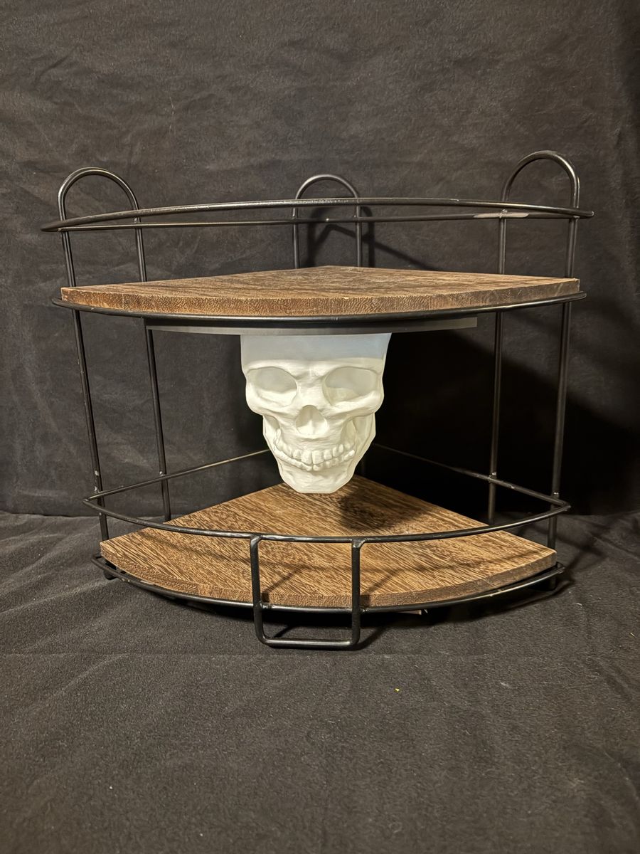 2-Tier Gothic Skull Corner peekaboo Shelf Wood & Black Metal Frame Organizer