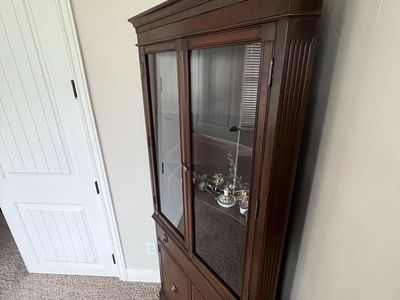 Moving need to sell. Beautiful cherry wood, Looking, China, cupboard, for dishes, antiques, or collectibles, check pictures for