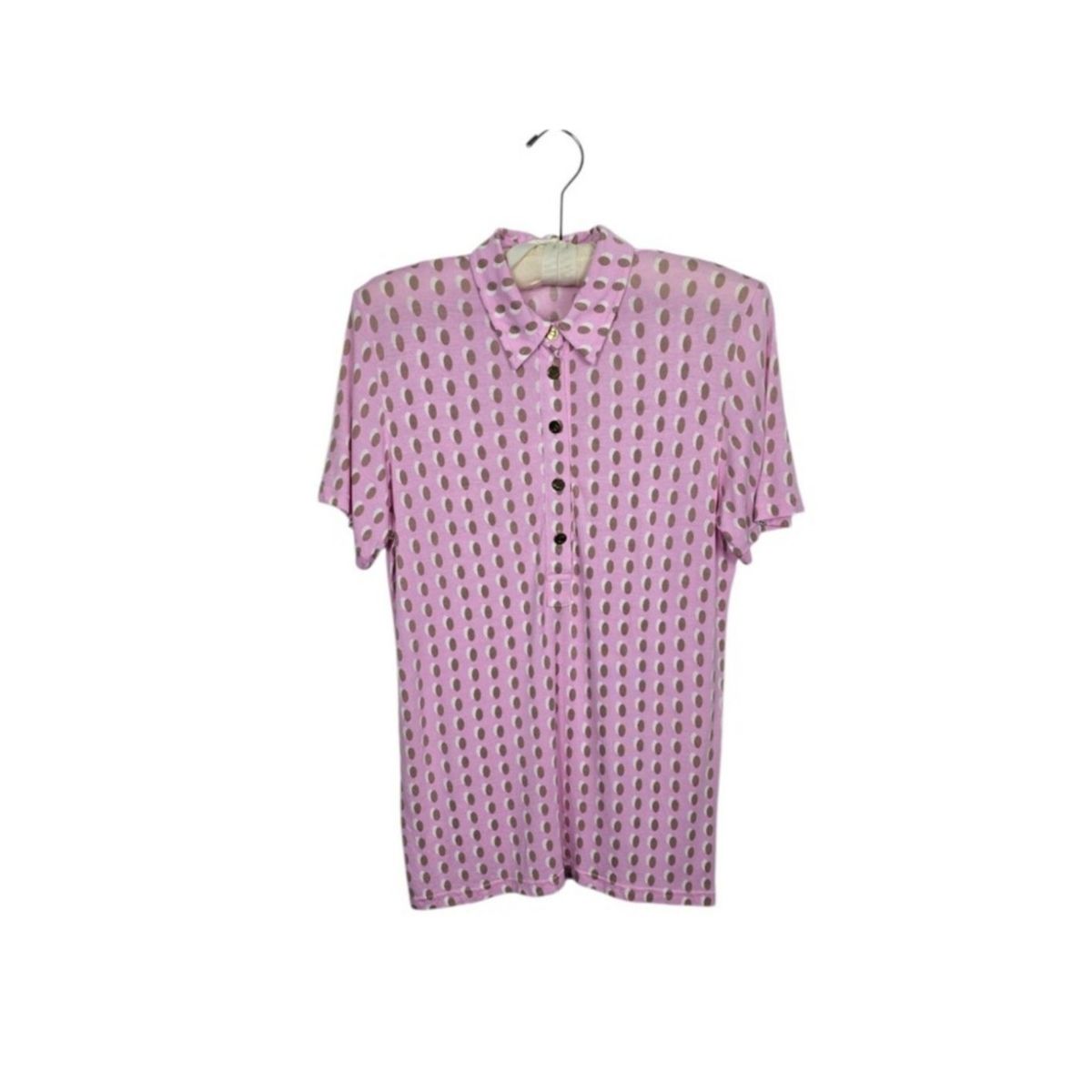 GG Blue Gold Button Henley Short Sleeve Polo Golf Shirt Pink Oval Print Medium