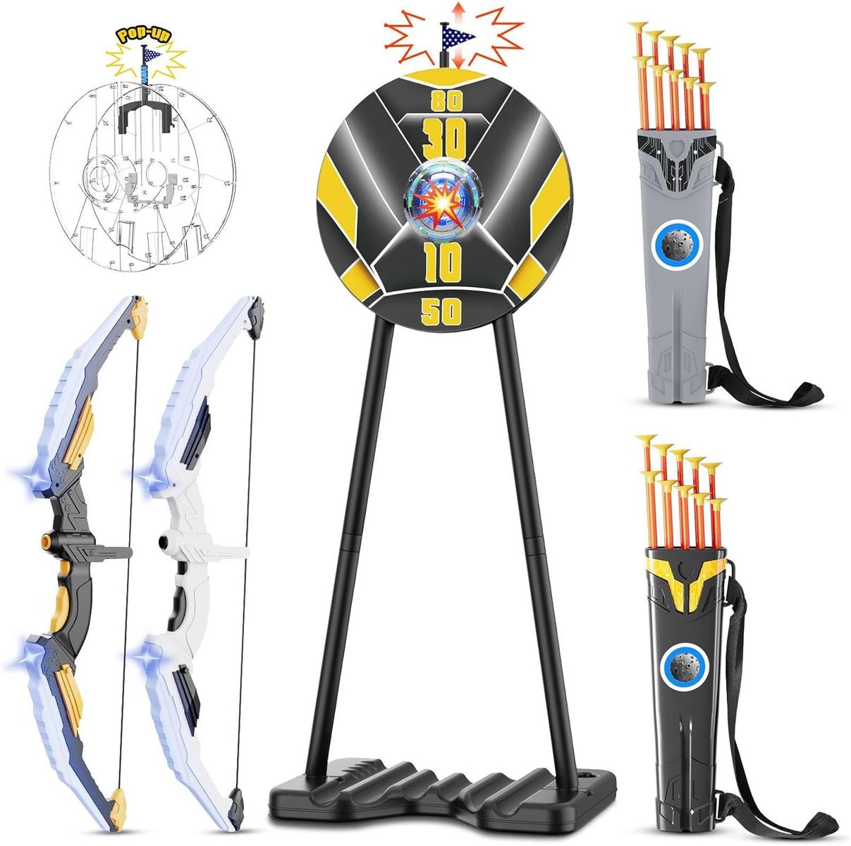 NEW 2 Pack Bow and Arrow for Kids, LED Light Up Archery Set with 20 Suction Cup Arrows&2 Quivers Indoor Outdoor Games