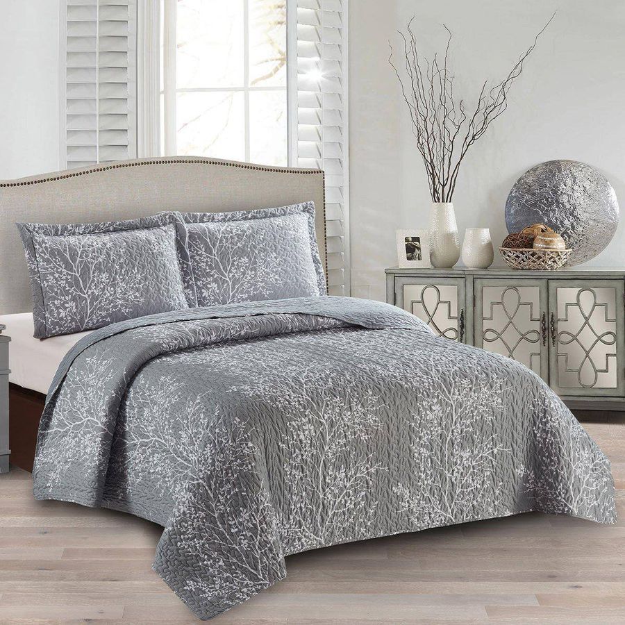 Luxurious Reversible Grey Quilt Set - Queen Size, Embroidered with White Floral/Tree Branch Design