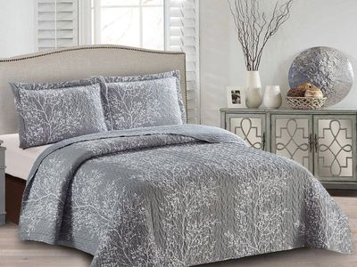 Luxurious Reversible Grey Quilt Set - Queen Size, Embroidered with White Floral/Tree Branch Design