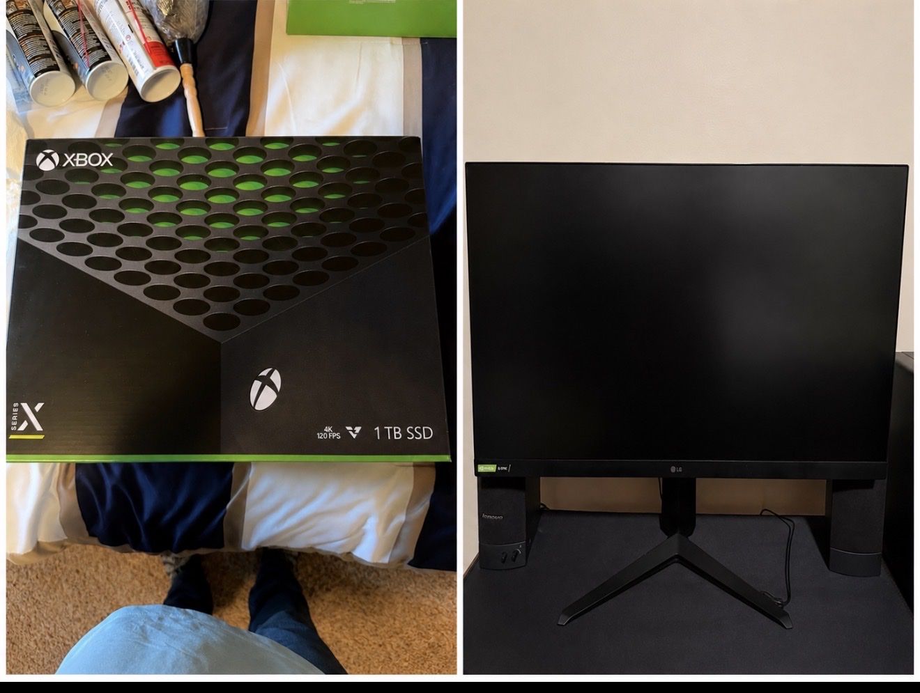 Microsoft Xbox Series X and 32 inch LG G-Sync LG 32GP750-B Gaming Monitor.
