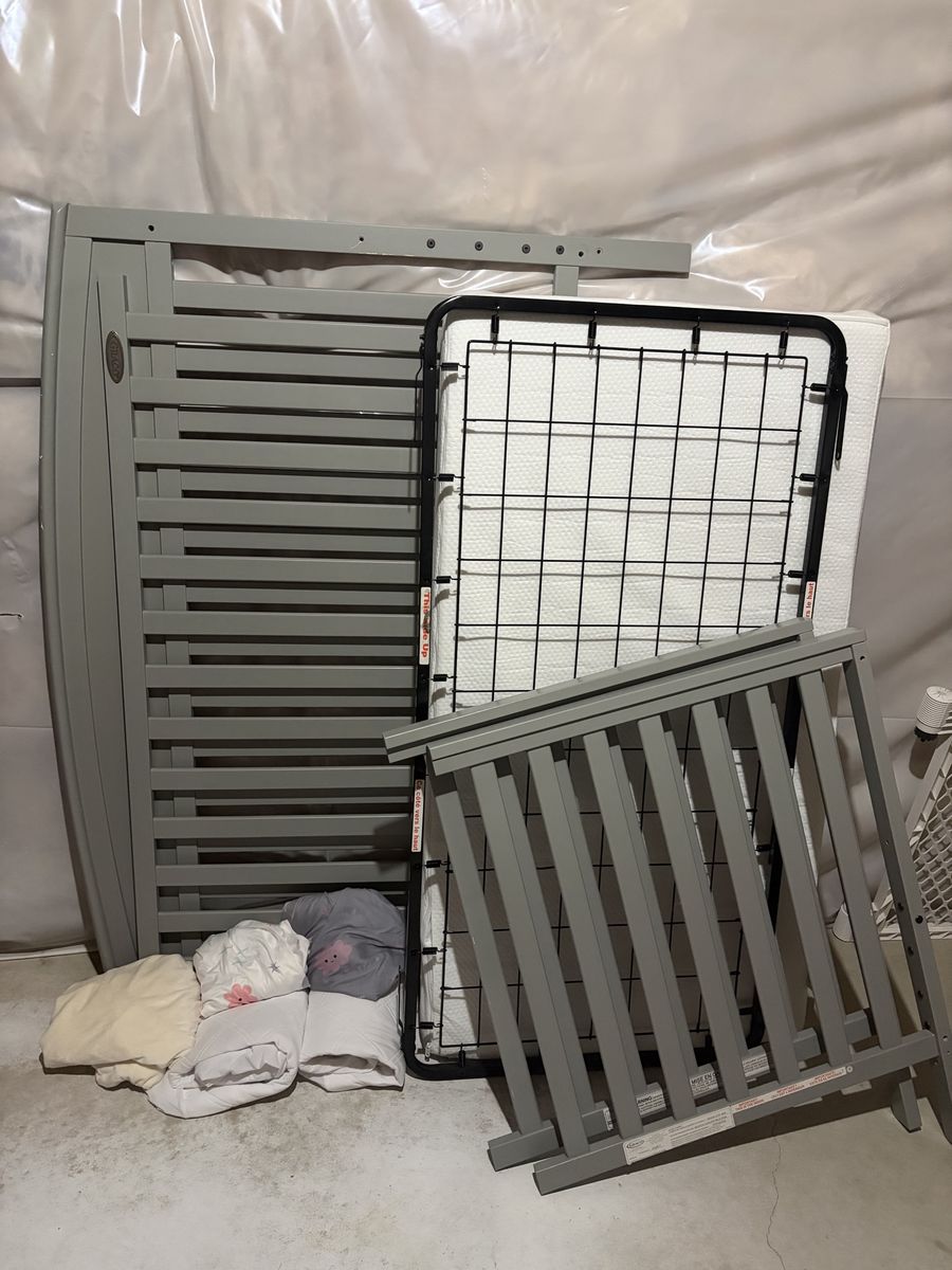 Graco Convertible Crib - Gray with Mattress and Bedding